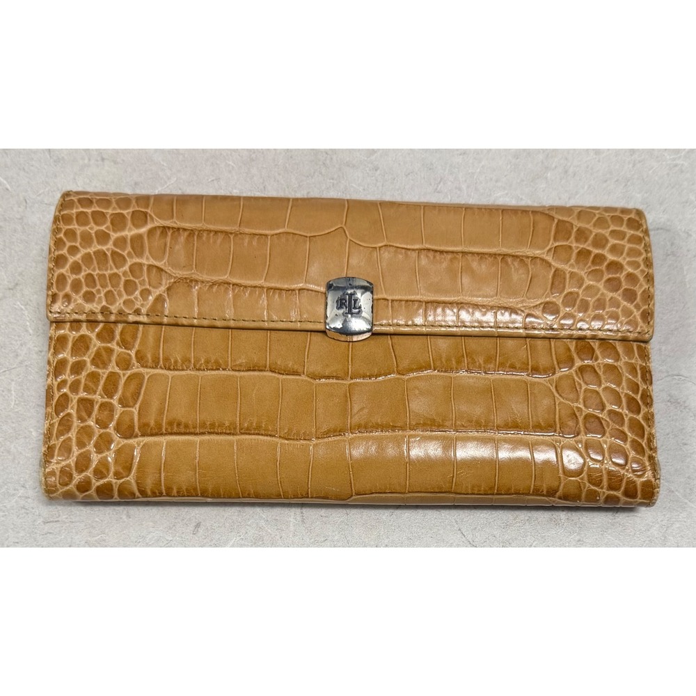 Lauren Ralph Lauren Camel Croc Embossed Leather Checkbook Secretary Wallet